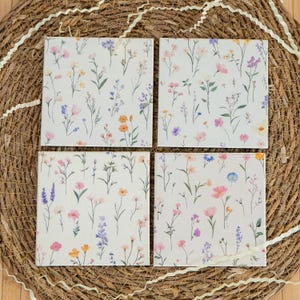 Floral Coaster Set of 4 – Watercolor Wildflower Drink Coasters – Spring Table Decor – Botanical Home Gift – Handmade MDF Coasters