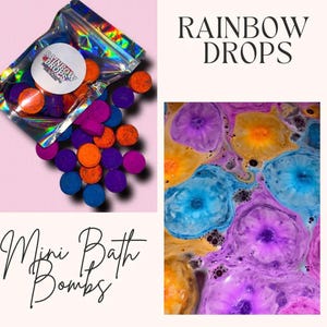 May include: A selection of colourful bath bombs, including blue, orange, and purple, spilling from a holographic bag. The image also features a close-up of a bath bomb dissolving in water, with the text "Rainbow Drops" and "Mini Bath Bombs".