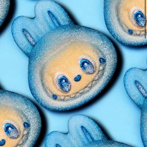 Puede incluir: Primer plano de varias bombas de baño con forma de conejito azul y amarillo. Cada bomba de baño tiene una cara sonriente con ojos azules y un centro amarillo claro. Las bombas están cubiertas de purpurina.