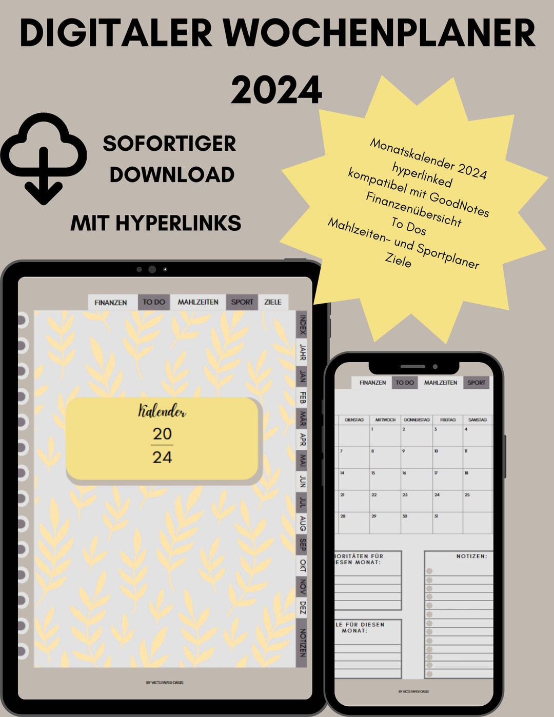 Digitaler Planer 2024, Digitaler Terminplaner Deutsch, GoodNotes, PDF 
