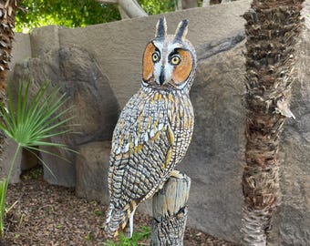 Hand Carved Wooden Long-eared Owl Life Size