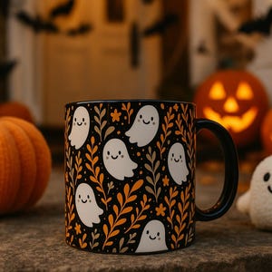 Cute Ghosts Halloween Mug, Fall Aesthetic Coffee Cup, Halloween Festive Ceramic Coffee Mug, Spooky Season Halloween Gift for Coffee Lovers