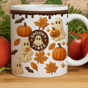 Spooky Vibes Halloween Mug, Pumpkin Spice Latte Cup, Cute Autumn Coffee Mug with Handle, Spooky Season Ghost Leaf Mug, Fall Halloween Gift