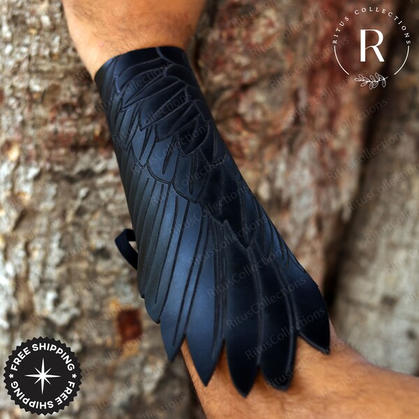 Medieval Viking Cosplay Armor, Samurai Knight Fantasy Armor, Raven Wings Style Leather Bracers, Aesthetic Vintage Arm Armor for Ren Faire