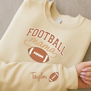 Personalized Football Mama Sweatshirt, Custom Kids’ Names on Sleeve Sweater, Game Day Football Mom Cheer Sweater, Fall Sports Season Gift