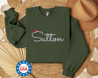Custom Embroidered Crewneck Sweatshirt, Personalized Christmas Santa Hat Name Sweatshirt, Christmas Matching Winter Sweater, Christmas Gifts