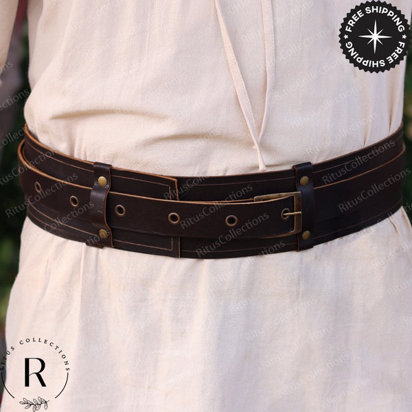 Medieval Fair Waist Wide Belt, Renaissance Viking Leather Belt, Ren Faire Punk Style Pirate Belt, Vintage Retro Brown & Black Belt for Adult