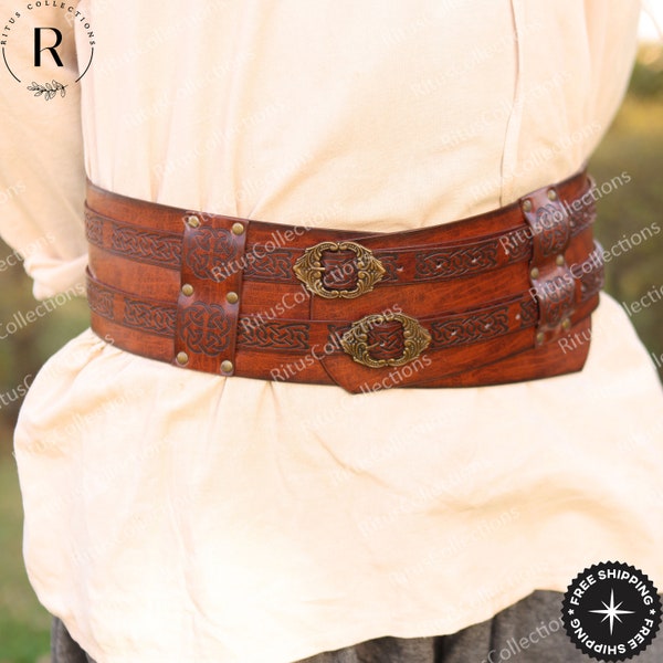 Medieval Gothic PU Leather Belt, Viking Larp Wide Waist Pirate Belt, Ren Faire Brown Celtic Belt, Renaissance Knight Cosplay Warrior Belt