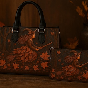 Personalized Witch Art Print Handbag with Handle, Spooky Trick or Treat Halloween Bag, Witchy Gothic Purse, Custom Halloween Bag for Women