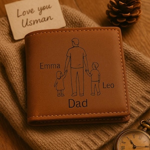 Benutzerdefinierte Porträt-Skizze Leder Brieftasche, personalisierte gravierte Brieftasche für Papa, Vatertagsgeschenk, Umriss Foto Kinder Namen Brieftasche, Geschenk für Papa