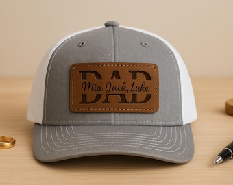 Personalized Dad Hat with Kids Names, Custom Leather Patch Trucker Cap, New Dad Birthday Gift, Fathers Day Birthday Hat, Grandpa Trucker Hat