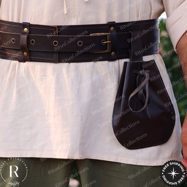 Ren Faire Larp Leather Aesthetic Bag,Medieval Viking Waist Wide Belt, Renaissance Goth Punk Pirate Belt, Unique Drawstring Retro Belt Pouch