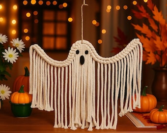 Halloween Macrame Ghost Wall Hanging, Spooky Season Ghost Decoration, Handmade Gothic Wall Art, Cute Fall New Halloween Home Party Decor