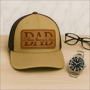 Personalized Leather Patch Trucker Hat, Custom Kids Name Dad Hat, New Grandpa Snapback Hat, Custom Dad Hat from Kids, Father’s Day Gifts