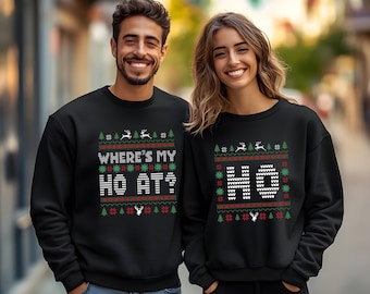 Where&#39;s My Ho at Matching Christmas Sweater, Ugly Christmas Couple Printed Sweater, Funny Christmas Humorous Sweatshirt, Xmas Couples Gifts