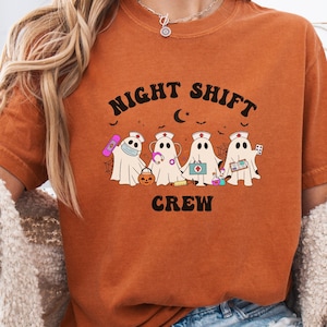 Comfort Colors® Night Shift Crew Halloween Shirt for Nurses, Funny Ghost Nurse Tee, Spooky Medical Squad Shirt, Cute RN Costume Idea