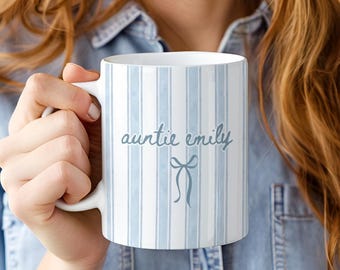 Custom Name Auntie Mug, Baby Announcement Gift For Aunt, Blue Stripe Coffee Cup, Personalized Pregnancy Reveal, New Aunt Gift Idea