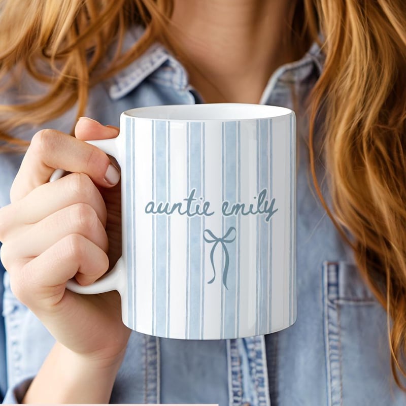 Custom Name Auntie Mug, Baby Announcement Gift For Aunt, Blue Stripe Coffee Cup, Personalized Pregnancy Reveal, New Aunt Gift Idea