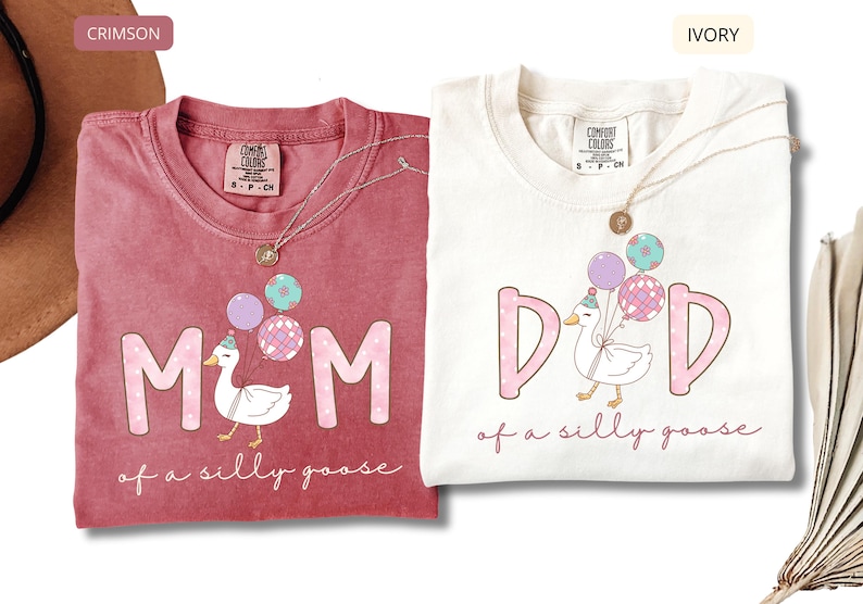 Personalized Comfort Colors mom and dad shirts with cute goose and balloons, funny mom of a silly goose and dad of a silly goose design, pastel graphic tees, parent gift, crimson and ivory color options