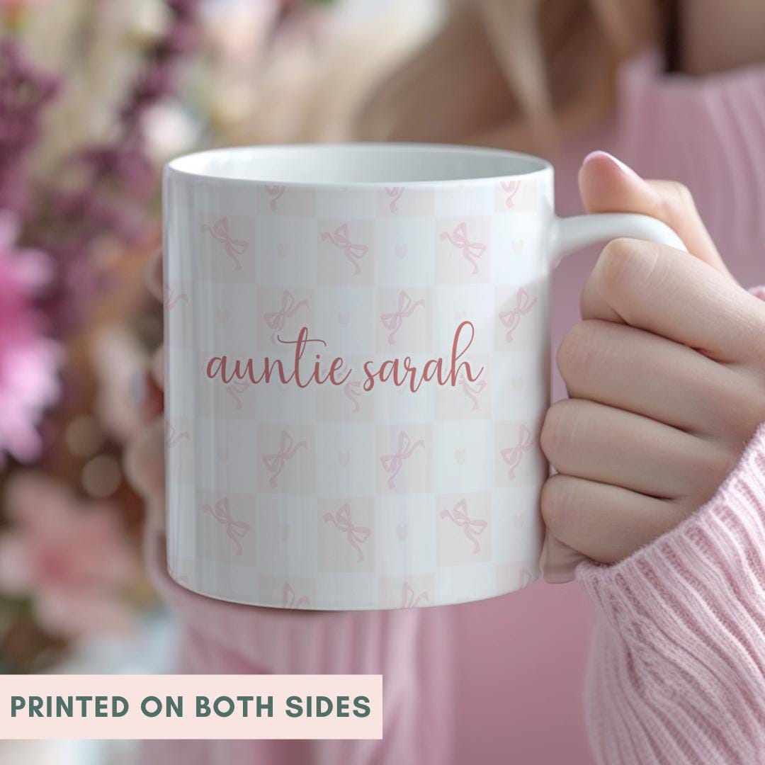 Custom Name Auntie Mug, Baby Announcement Gift For Aunt, pink bow Coffee Cup, Personalized Pregnancy Reveal, New Aunt Gift Idea