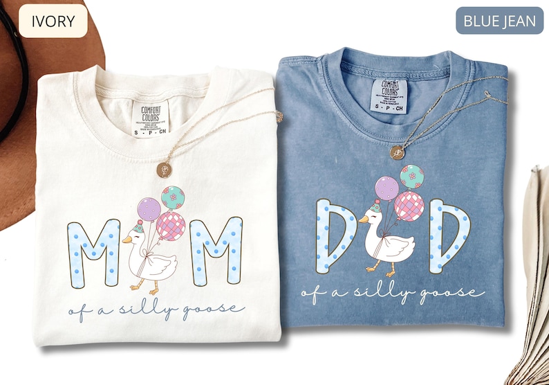 Personalized Comfort Colors mom and dad shirts with goose and balloons, funny mom of a silly goose and dad of a silly goose design, cute pastel graphic tees, gift for parents, ivory and blue jean color options