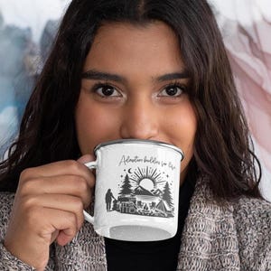 Personalized Enamel Camping Mug, Ideal Gift for Campers, Outdoor Enthusiasts, Pet Lovers, Family Memories, Adventure Mugs