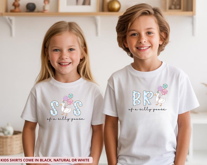 Funny kids sibling t shirts, pastel goose graphic with balloons, trendy youth matching tees, cute family gift for boys and girls