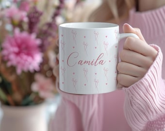 Personalized Coquette Mug With Name Custom Pink Bow Coffee Cup Cute Gift For Her Girly Mug For Friend Birthday Gift Under 20, pink bow mug