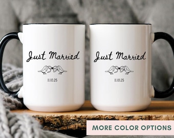 Personalized Just Married Coffee Mugs, Custom Wedding Gift For Couple, Bride And Groom Mug Set, Engagement Or Bridal Shower Gift couple mugs