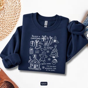 Believe in Christmas Sweatshirt, Holiday Doodle Crewneck, Christmas Traditions Graphic Pullover, Festive Gift for Women