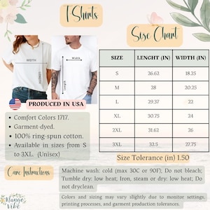May include: White t-shirts with size chart, care instructions, and product details. The size chart shows measurements in inches for sizes S to 3XL. The shirts are Comfort Colors 1717, garment-dyed, and made of 100% ring-spun cotton.