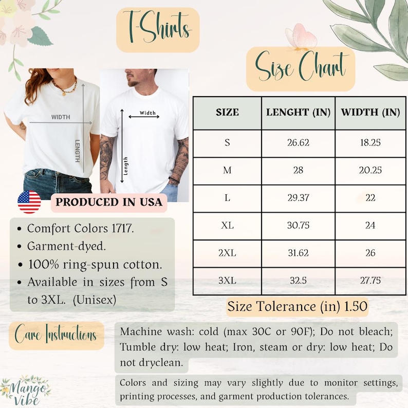 May include: White t-shirts with size chart, care instructions, and product details. The size chart shows measurements in inches for sizes S to 3XL. The shirts are Comfort Colors 1717, garment-dyed, and made of 100% ring-spun cotton.