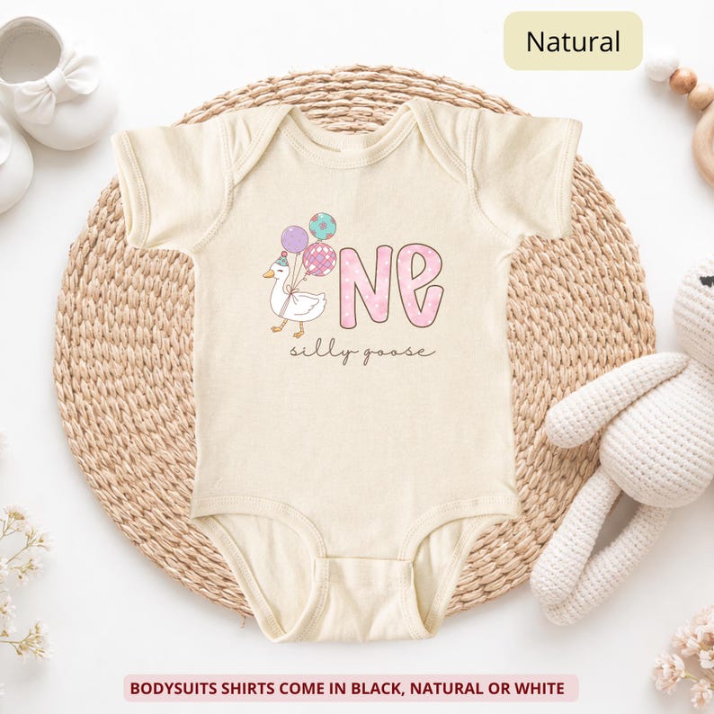 Funny baby bodysuit, pastel goose graphic with balloons, trendy newborn outfit, cute baby gift for boys and girls