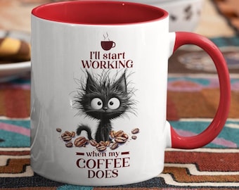 Funny Personalized Cat Mug – I’ll Start Working When Coffee Does – Custom Coffee Cup for Cat Lovers – Work from Home or Office Gift