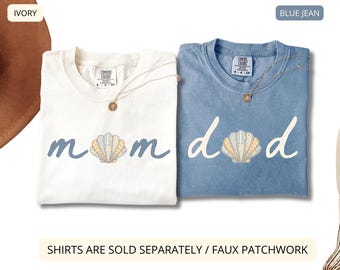 Custom Mama Shirt, Custom Dada Shirt, Coastal Birthday Family Tee, Faux Patchwork Seashell Design, Comfort Colors® Matching Gift Set