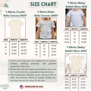 May include: Size chart for youth, kids, and baby t-shirts. Includes measurements in inches for width and length. Care instructions: machine wash cold, non-chlorine bleach, tumble dry low, do not dry clean, do not iron. Produced in the USA.
