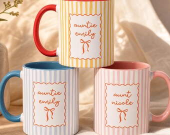 Personalized Auntie Mug, Custom Name Striped Coffee Cup, Pregnancy Reveal Gift for New Aunt, Baby Announcement Keepsake, Auntie Gift Idea