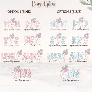 May include: The image presents design options for personalised gifts. Option 1 uses pink text with a goose illustration, and Option 2 uses blue text. Text includes "MOM," "DAD," "SIS," "BR," "UNCLE," "AUNT," and "NE," with the phrase "of a silly goose."