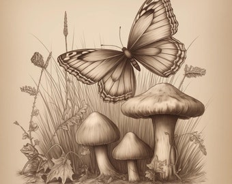Mushroom Wall Art | Digital Download Print | Fantasy Mushroom Art | Forest Vintage Design | Botanical Illustration | Digital Download