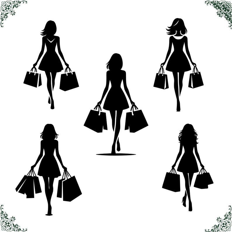 Lady Shop Bundle, Woman Girl Outline Silhouette Clipart, Wedding