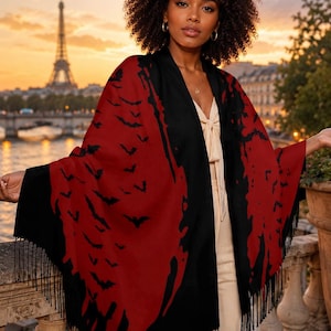Pagan Gift Flock of Birds Bat Shawl Oxblood Bat Tassel Scarf Gothic Halloween Fashion Witchy Gothic Outerwear Cloud of Bats Gothic Clothing Oxblood