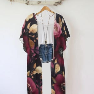 Flowy Boho Kimono Dark floral, Kimono, Side Slits Chiffon Cover Up, Fall 25 colors, Feather Wrap, beachwear, Mix and match basics collection