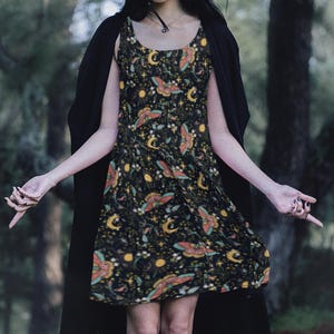 Moonlit Botanical Skater Dress: Celestial Mushroom Goth Fashion