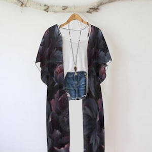Mix and match basics collection Kimono, Side Slits Chiffon Cover Up, Fall 25 colors, Flowy Boho Kimono Dark floral, Feather Wrap, beachwear