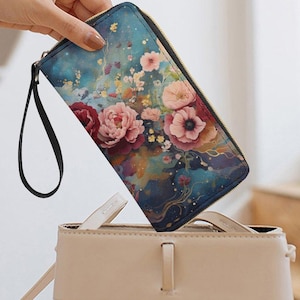 Cartera de piel con rosas victorianas y correa para la muñeca, cartera de viaje, cartera con flores, billetera para teléfono, billetera pequeña con cremallera, billetera tipo sobre