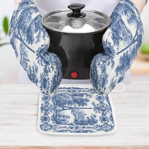 Juego de manoplas y agarraderas de cocina de tela francesa: decoración de cocina en azul y blanco