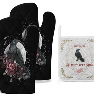 Witchcore Oven Mitts & Pot Holder Set: Black Crow, Wiccan Kitchen Decor