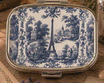 French Country Farmhouse Toile Pill Box for Mom Vintage Style Metal Tablet Organizer Vintage Pillbox Eiffel Tower Pocket Mirror Medicine Box