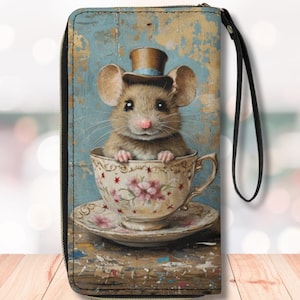 Cartera de piel con correa para la muñeca, diseño de ratón en taza de té, pintura al óleo de ratón en taza vintage, humor negro y caprichoso.