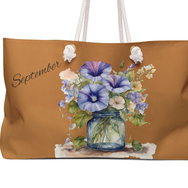 Bolsa Boho Weekender, Flor del mes de septiembre, Bolsa de viaje Boho, Flor de gloria de la mañana, Regalo de cumpleaños